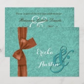 Blauwgroen en Cinammon Damask Bow Wedding Sjabloon Kaart (Voorkant / Achterkant)