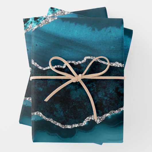 Blauwgroen en Faux Silver Glitter Marble Agate Inpakpapier Vel (In situ)