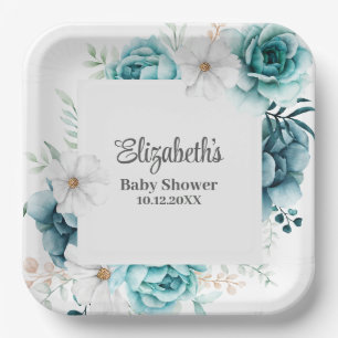 Blauwgroen en gebroken wit Baby shower Papieren Bordje