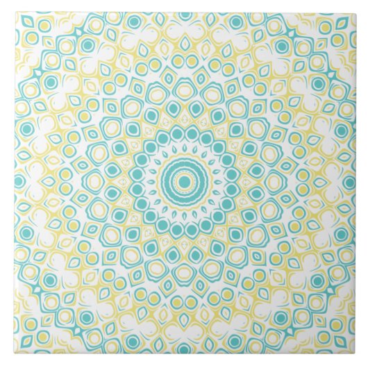 Blauwgroen en geel geometrisch mandala patroon tegeltje (Voorkant)