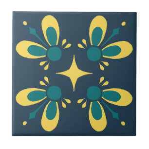 Blauwgroen en geel op Blue Intricate Floral patroo Tegeltje