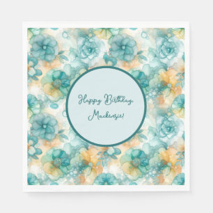 Blauwgroen en Gele Bloemen Alcoholinkt Illustratie Servet