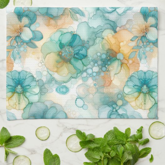 Blauwgroen en Gele Bloemen Alcoholinkt Illustratie Theedoek (Gevouwen)