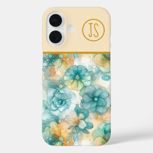 Blauwgroen en Gele Bloemen Alcoholinkt Monogrammed Case-Mate iPhone Case (Achterkant)