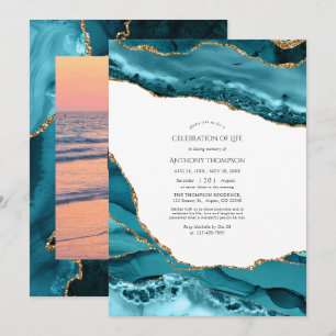 Blauwgroen en Gold Agate Celebration of Life Photo Kaart