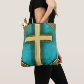 Blauwgroen en Gold Cross-Canvas tas (Dichtbij)