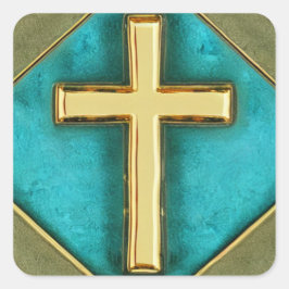 Blauwgroen en Gold Cross-Sticker Vierkante Sticker