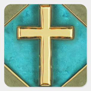 Blauwgroen en Gold Cross-Sticker Vierkante Sticker