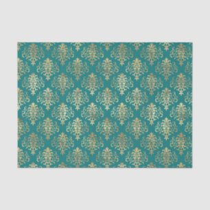 Blauwgroen en Gold Foil Damask-patroon Tissuepapier