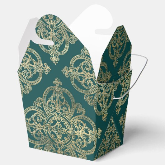 Blauwgroen en Gold Ironwork Patroon Bedankdoosjes (Geopend)