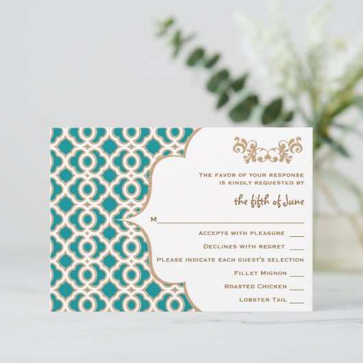Blauwgroen en Gold Moroccan Wedding Response-kaart RSVP Kaartje (Staand voorkant)
