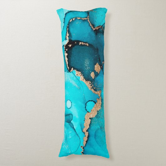 Blauwgroen en Goud Abstract Organische Swirls Inkt Lichaamskussen (Voorkant Verticaal)