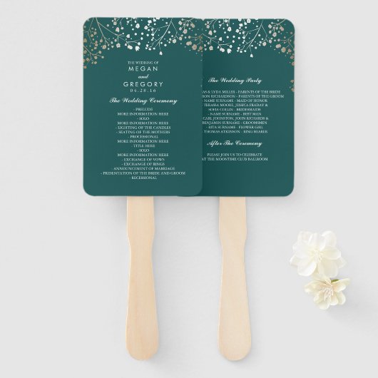 Blauwgroen en Goud | Baby's Breath bruiloft progra Handwaaier (Voorkant en achterkant)