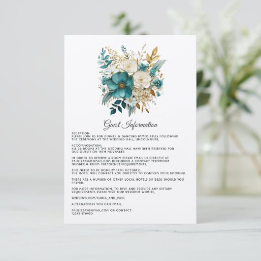 Blauwgroen en Goud Bloemen Bruiloft Gast Details Informatiekaartje (Staand voorkant)