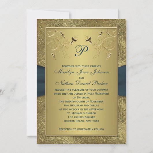 Blauwgroen en Goud Bloemen Monogram Bruiloft Uitno Kaart (Achterkant)