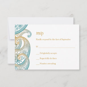 Blauwgroen en Goud Indische Paisley Bruiloft RSVP Kaartje