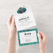Blauwgroen en goudbloeiende Gothic Wedding All In One Uitnodiging (Afscheurbaar)
