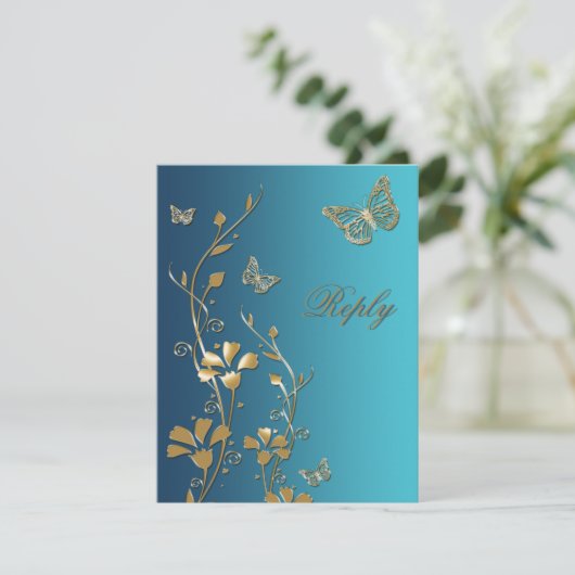 Blauwgroen en goudbloemen en botervliegen Antwoord Kaart (Staand voorkant)