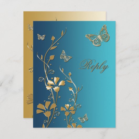 Blauwgroen en goudbloemen en botervliegen Antwoord Kaart (Voorkant / Achterkant)