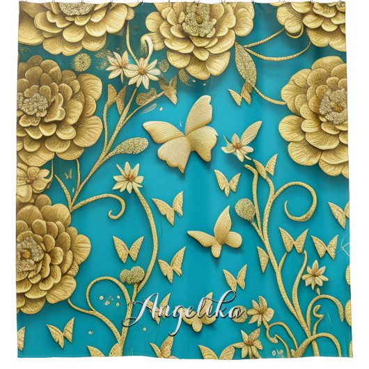 Blauwgroen en goudbloemen Persoonlijke naam Douchegordijn (Voorkant)