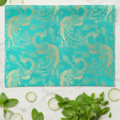 Blauwgroen en goudboho elegant pauw patroon theedoek (Gevouwen)