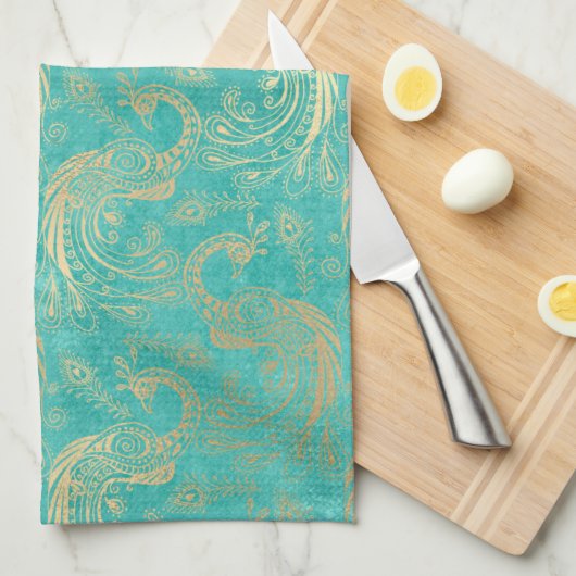 Blauwgroen en goudboho elegant pauw patroon theedoek (Quarter Fold)