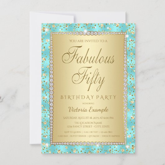 Blauwgroen en gouden 50e verjaardagsfeestuitnodigi kaart (Voorkant)