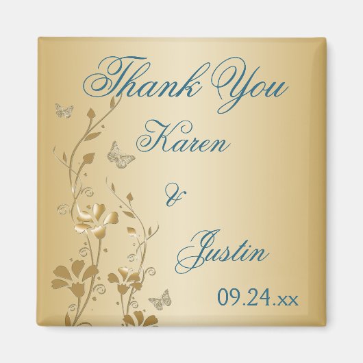 Blauwgroen en gouden bloemen en vlinders magneet (Voorkant)