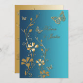 Blauwgroen en Gouden Bloemen en Vlinders Uitnodigi Kaart (Voorkant / Achterkant)