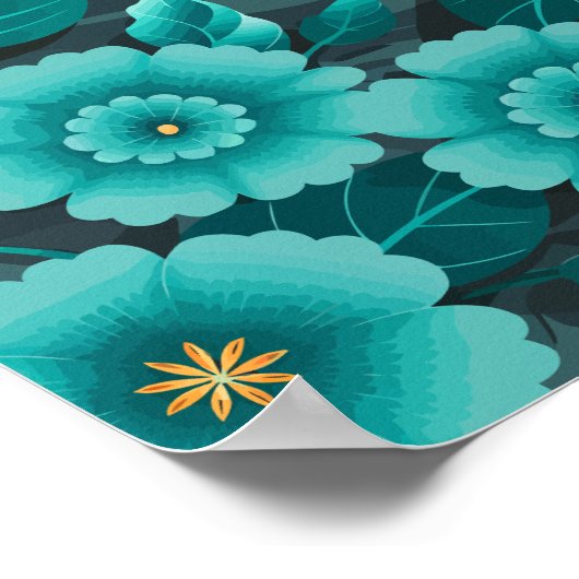 Blauwgroen en gouden bloemen met donkergroene blad poster (Hoek)