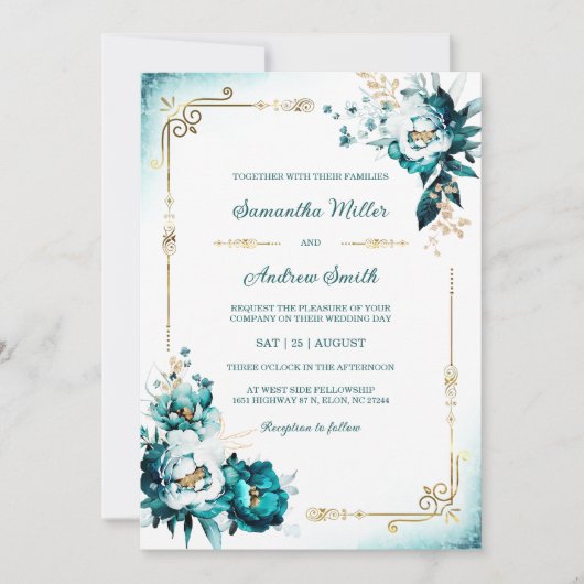 Blauwgroen en gouden bruiloft Sjabloon Kaart (Voorkant)