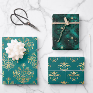 Blauwgroen en gouden  Damask Inpakpapier Vel