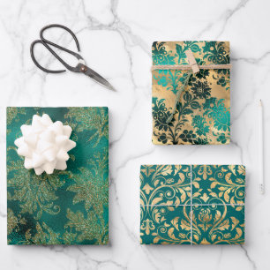 Blauwgroen en gouden  Damask Inpakpapier Vel