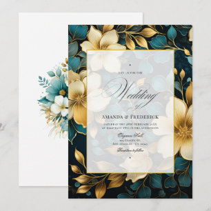 Blauwgroen en gouden Floral Wedding Kaart