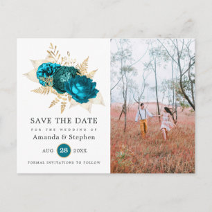  Blauwgroen en gouden Floral Wedding Save the Date Briefkaart
