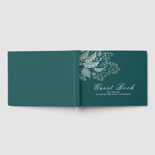 Blauwgroen en gouden gebladerte Elegante bruiloft Gastenboek (Volledig)