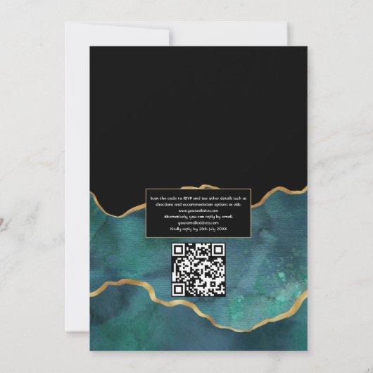 Blauwgroen en gouden geode agate QR-code RSVP Wedd Kaart (Achterkant)
