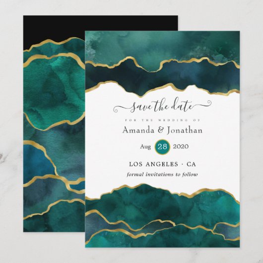 Blauwgroen en gouden geodegebeddenweddenschappen save the date (Voorkant / Achterkant)