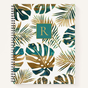 Blauwgroen en gouden gepatterde tropische bladeren notitieboek