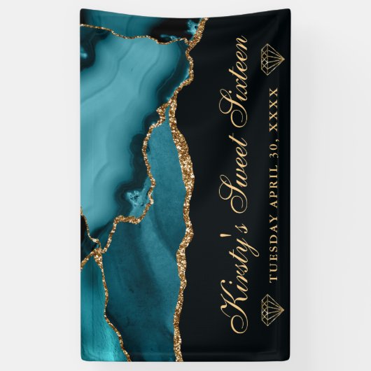 Blauwgroen en gouden Glitter Agaat Sweet Sixteen Spandoek (Verticaal)