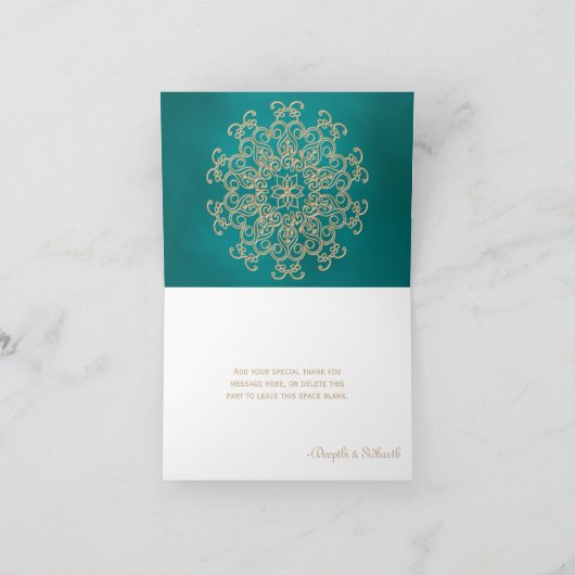 BLAUWGROEN EN GOUDEN INDIASE STIJL BRUILOFT BEDANK BEDANKKAART (Binnen)