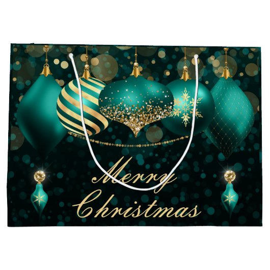 Blauwgroen en gouden kerstboomversieringen groot cadeauzakje (Achterkant)