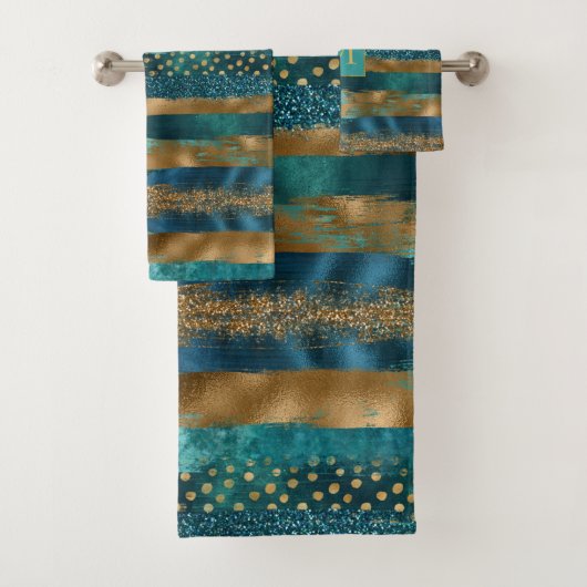 Blauwgroen en gouden penseelstreken en monogram ba bad handdoek (Insitu)
