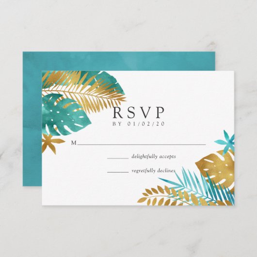 Blauwgroen en gouden tropische bruiloft RSVP kaartje (Voorkant / Achterkant)