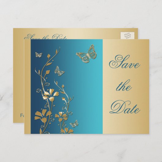 Blauwgroen en gouden vlinders Save the Date Briefk Aankondigingskaart (Voorkant / Achterkant)