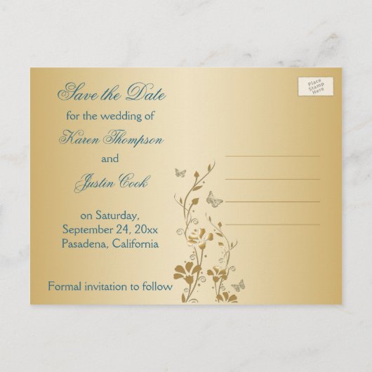 Blauwgroen en gouden vlinders Save the Date Briefk Aankondigingskaart (Achterkant)