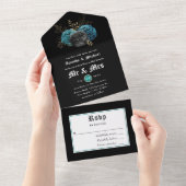 Blauwgroen en goudfloral gothic Weddenschap in één All In One Uitnodiging (Afscheurbaar)