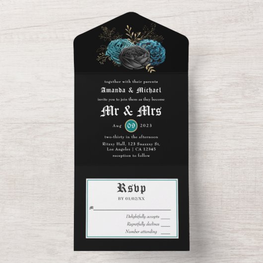 Blauwgroen en goudfloral gothic Weddenschap in één All In One Uitnodiging (Binnen)