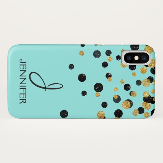 Blauwgroen en goudfolie Girly Confetti Monogram Case-Mate iPhone Case (Achterkant (horizontaal))