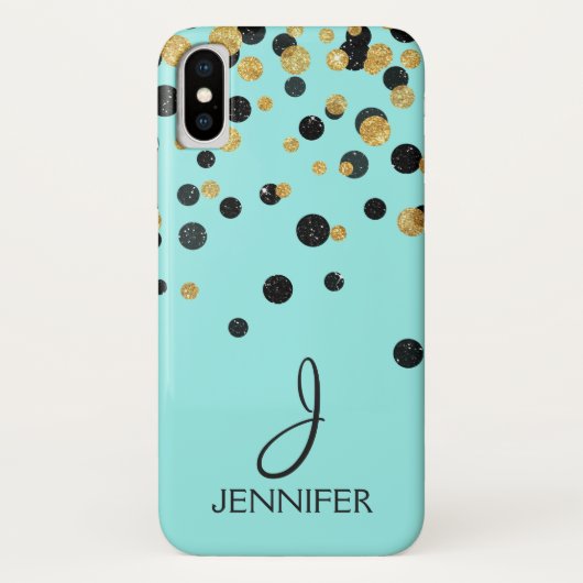 Blauwgroen en goudfolie Girly Confetti Monogram Case-Mate iPhone Case (Achterkant)